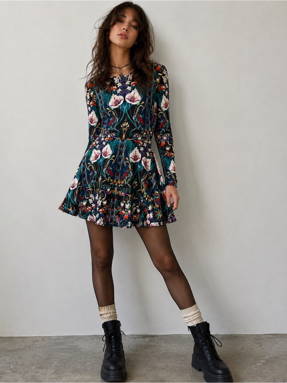 Bebe Y2K Indie Floral Scuba Fit Flare Artsy Dress Long Sleeve Pockets Small